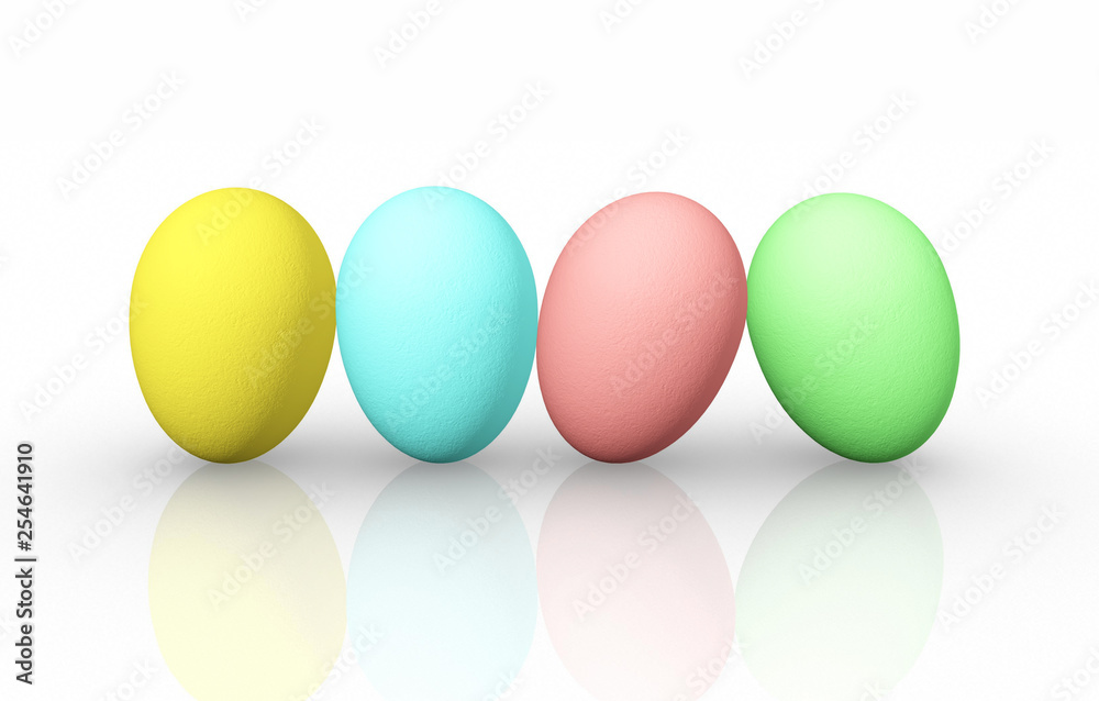 Front view four colorful easter eggs on white background,3D rendering
