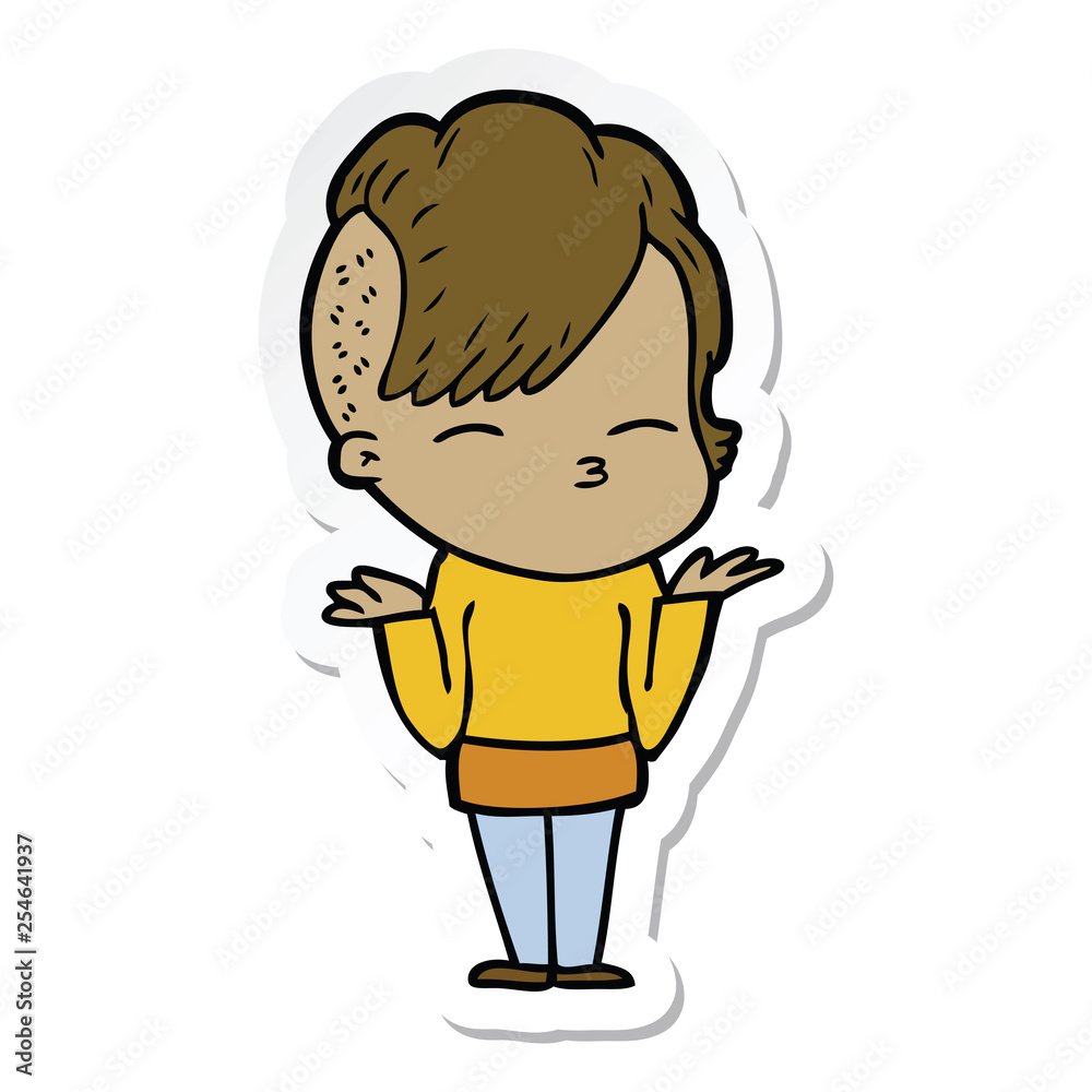 sticker of a cartoon girl shrugging shoulders sticker of a cartoon girl shrugging shoulders
