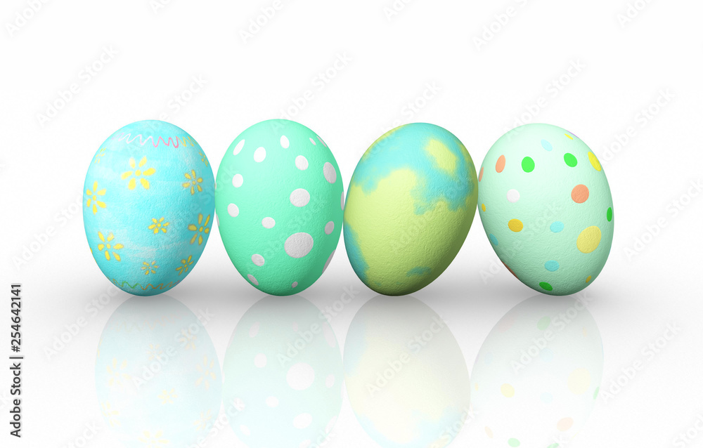Front view four colorful easter eggs on white background,3D rendering Front view four colorful easter eggs on white background,3D rendering