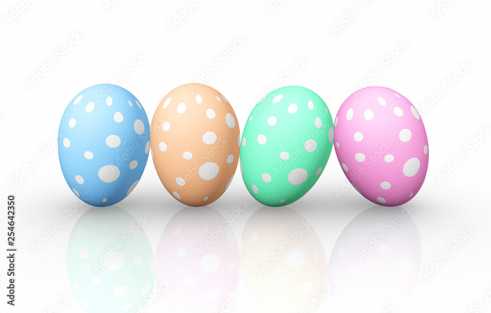 Front view four colorful easter eggs on white background,3D rendering Front view four colorful easter eggs on white background,3D rendering