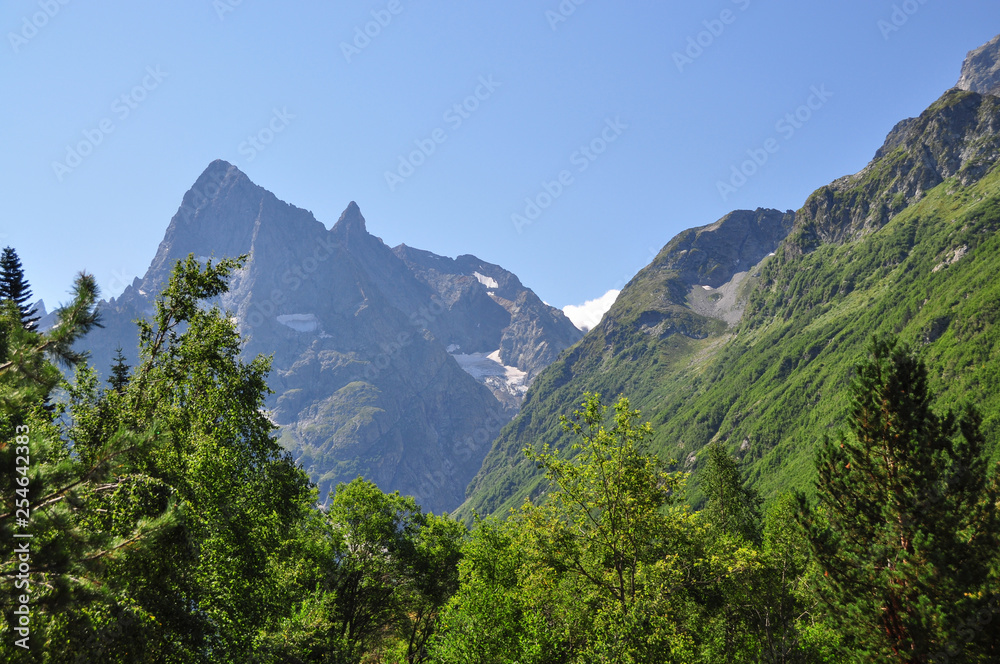 Closeup mountains scenes in national park Dombai, Caucasus, Russia