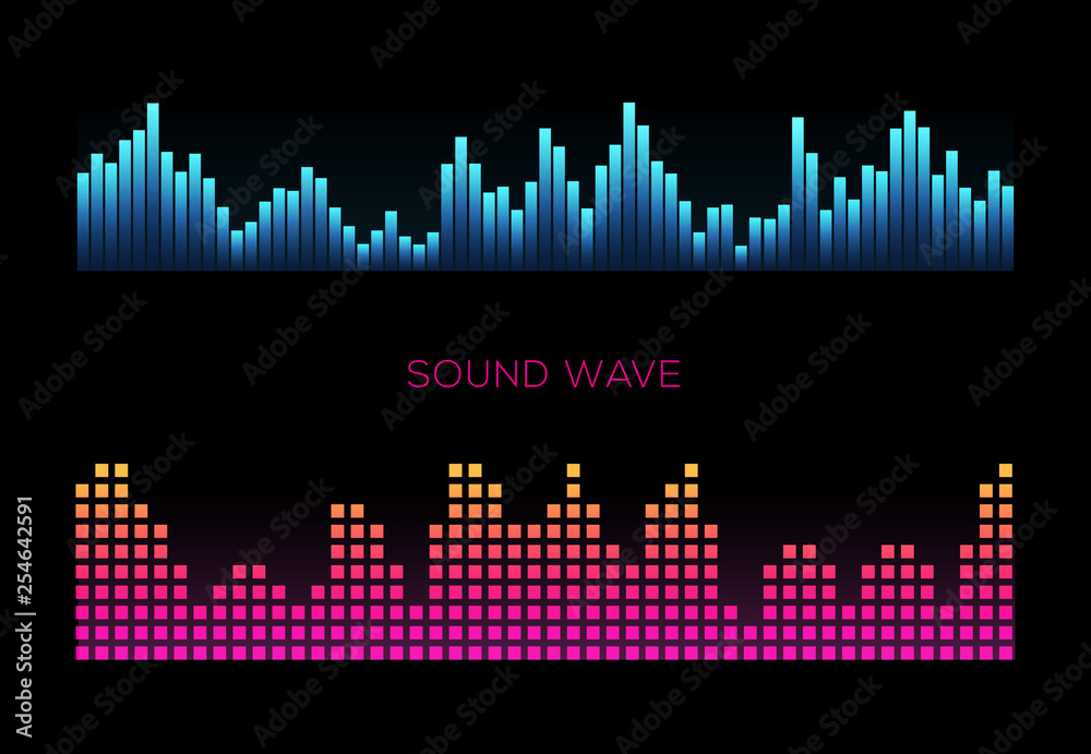 Colorful sound waves on black background set, audio player, equalizer