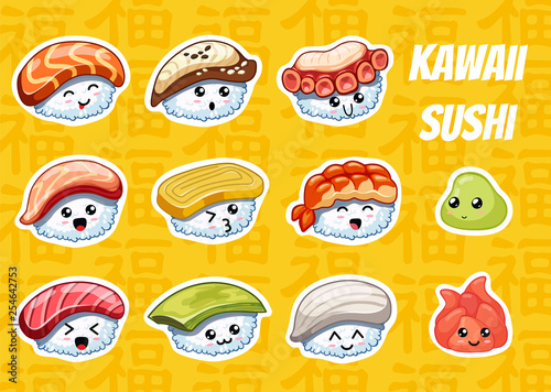 Hand drawn cartoon sushi stickers with cute emotions on yellow background. Tasty japanese food. In kawaii style. Can use for cards, fridge magnets, stickers, posters, menu for bar and restaurant