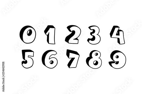 Vector hand drawn 3D line art numbers set. Signs as sketched art, ouline font. Latin alphabet numbers from 1 to 0. Isolated without background. Funny text for birthday party, creative numeric text.