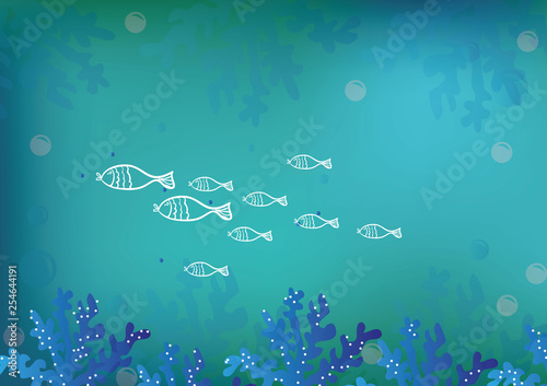 Underwater cartoon flat background with fish silhouette  sand  seaweed  coral. Ocean sea life  cute design. Vector illustration