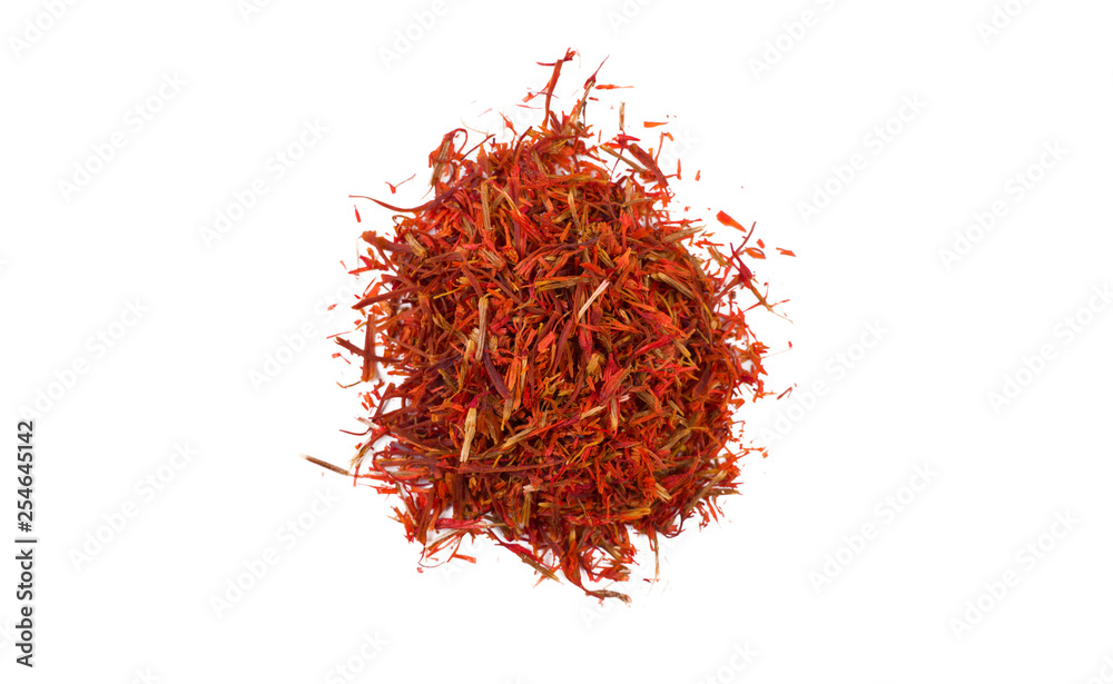 Naklejka premium saffron heap isolated on white background. top view