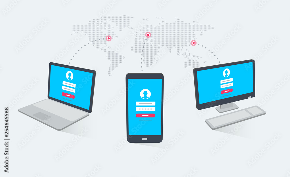 Computer, phone and laptop in different angles with login page on screens and world map in the background. Modern flat design graphic elements. Computer, phone and laptop in different angles with login page on screens and world map in the background. Modern flat design graphic elements.