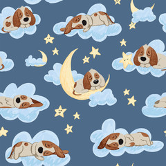 Handdoek met foto Slapende dieren patronen Welterusten puppy's met maan en sterren  © kokoshka