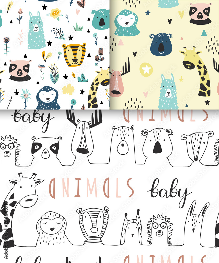 Safari baby animals seamless funny pattern.