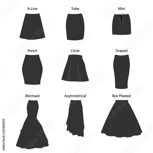 Set of different types of skirts.