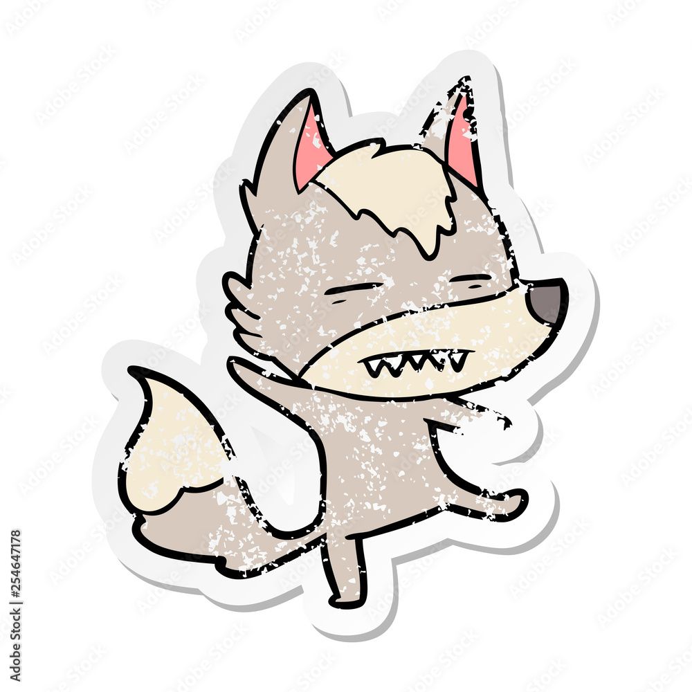 distressed sticker of a cartoon wolf showing teeth