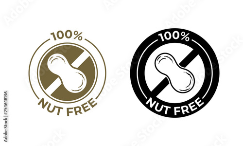 Nut free food vector icon. Food package seal, 100 percent nut free ingredients, peanut allergy information label