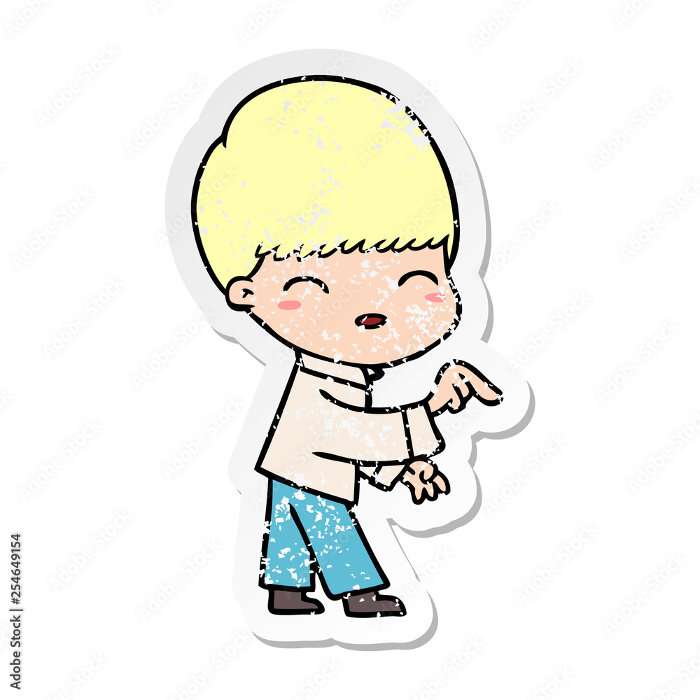 distressed sticker of a happy cartoon boy distressed sticker of a happy cartoon boy