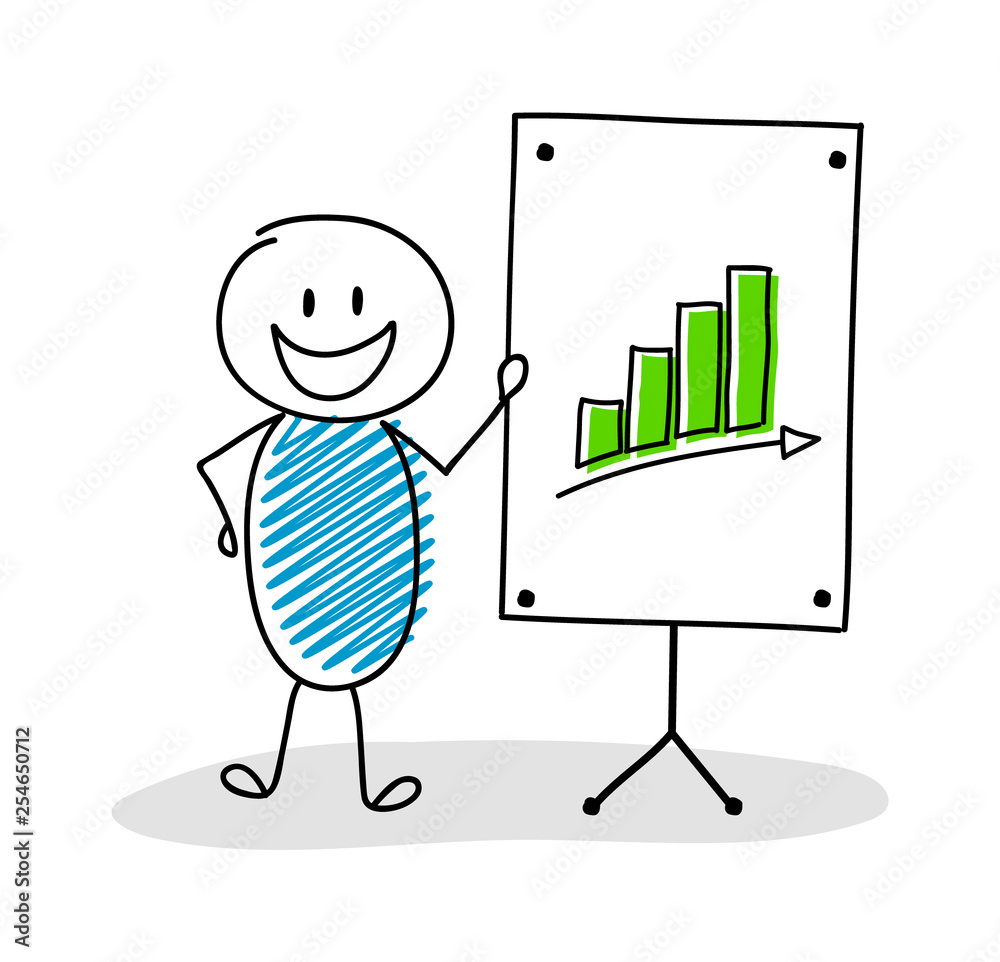 Funny hand drawn stickman with whiteboard and business graph icon. Vector Funny hand drawn stickman with whiteboard and business graph icon. Vector