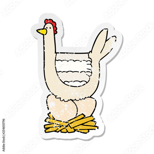 distressed sticker of a cartoon chicken sitting on eggs in nest