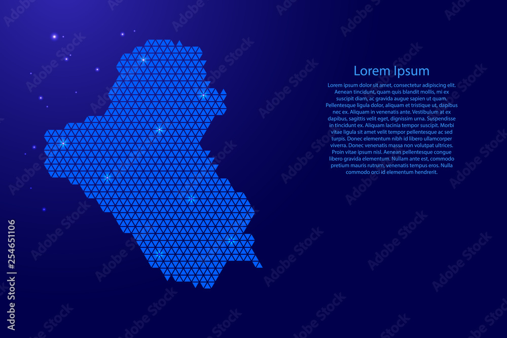 Iraq map abstract schematic from blue triangles repeating pattern geometric background with nodes and space stars for banner, poster, greeting card. Vector illustration.