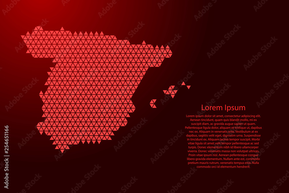 Spain map abstract schematic from red triangles repeating pattern geometric background with nodes for banner, poster, greeting card. Vector illustration.