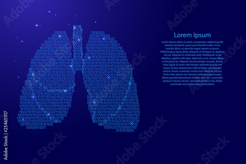 Lungs human anatomy respiratory organ abstract schematic from blue ones and zeros binary digital code with space stars for banner, poster, greeting card. Vector illustration.
