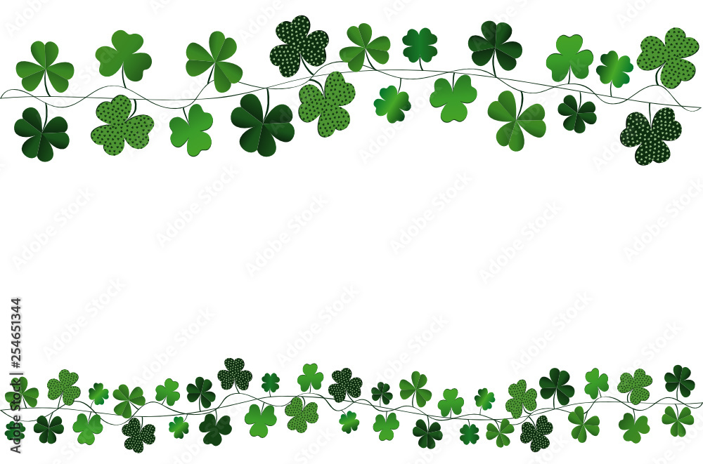 Green festive bunting with clover. Irish holiday - Happy St. Patrick's Day with a garland of three-leaf. Greeting card, poster, banner. Vector Green festive bunting with clover. Irish holiday - Happy St. Patrick's Day with a garland of three-leaf. Greeting card, poster, banner. Vector