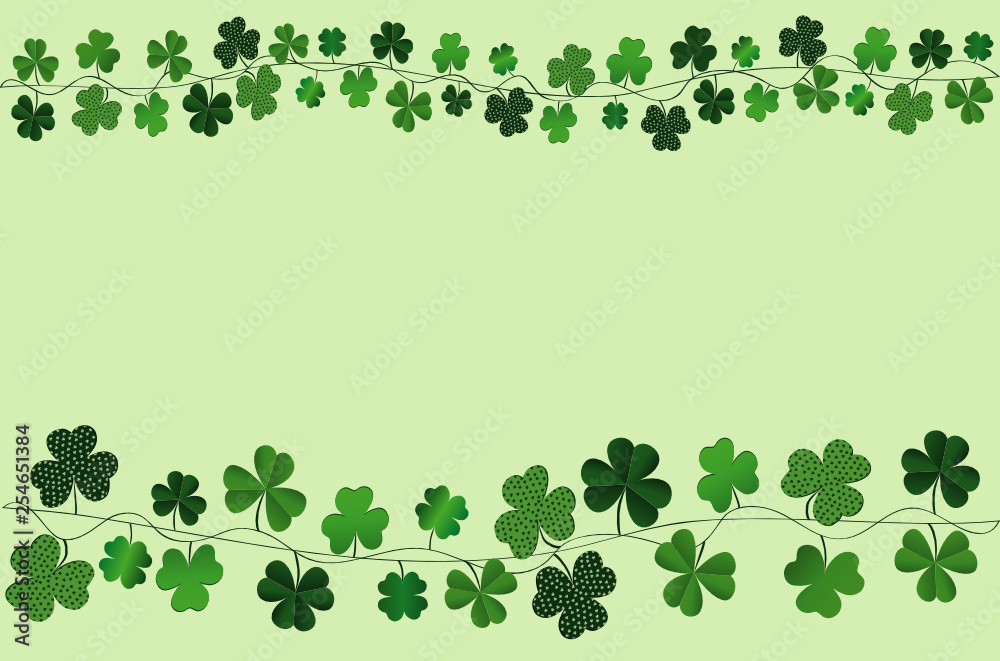 Green festive bunting with clover. Irish holiday - Happy St. Patrick's Day with a garland of three-leaf. Greeting card, poster, banner. Vector Green festive bunting with clover. Irish holiday - Happy St. Patrick's Day with a garland of three-leaf. Greeting card, poster, banner. Vector