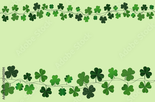 Green festive bunting with clover. Irish holiday - Happy St. Patrick's Day with a garland of three-leaf. Greeting card, poster, banner. Vector