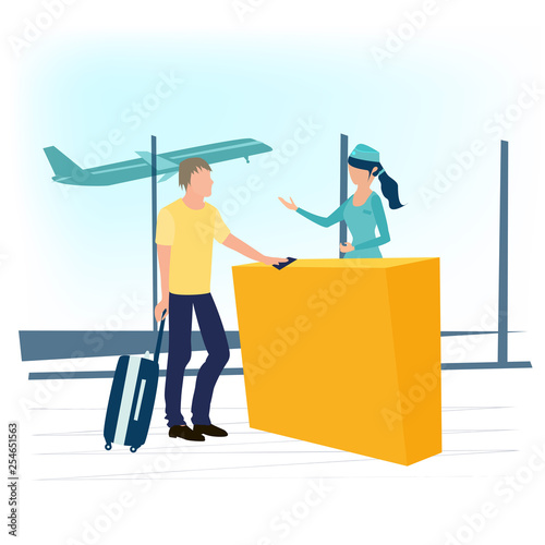 Young man and stewardess at the airport. Airline agent checking ticket documents at gate. Tourist with suitcase . Business travel concept. Vector illustration in a flat cartoon style.