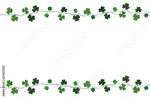 Green festive bunting with clover. Irish holiday - Happy St. Patrick's Day with a garland of three-leaf. Greeting card, poster, banner. Vector