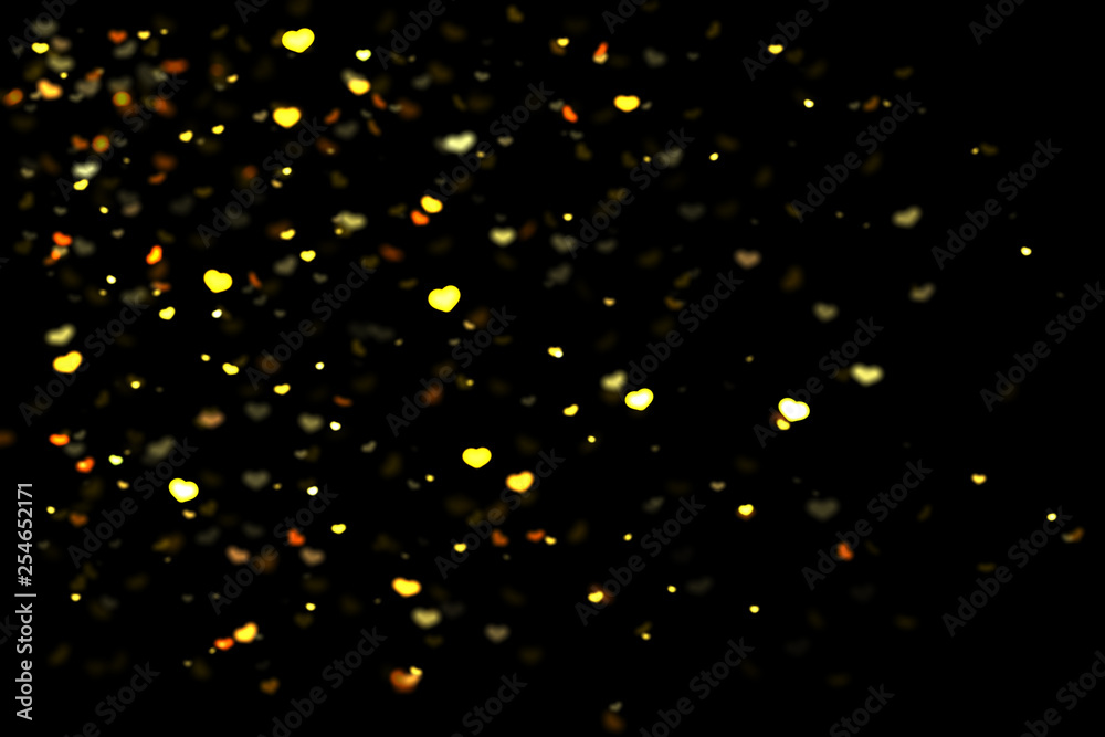 Gold and yellow hearts bokeh overlay, hearts photo overlay, abstract background, shiny gold and yellow hearts flowing around. Photo overlay effect, hearts bokeh on black background, JPG file.