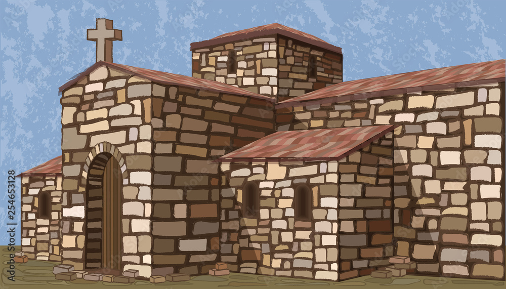 Ancient stone spanish church in visigothic style. Invitation background. vector illustration