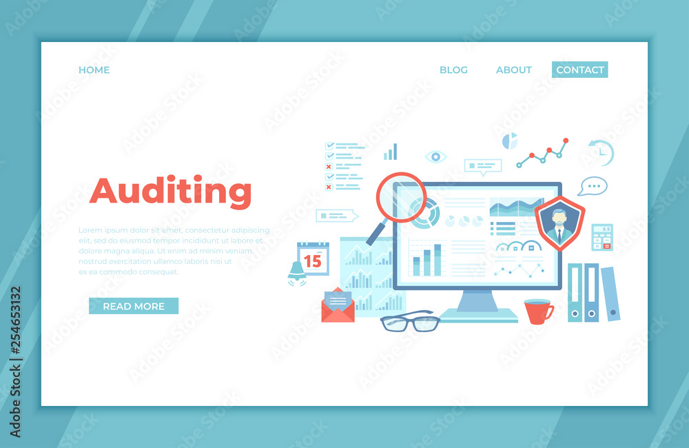 Auditing, analysis, accounting, calculation, analytics. Auditor checks the documents. Graphs, charts on the monitor screen. landing page template or web banner, infographics. Vector