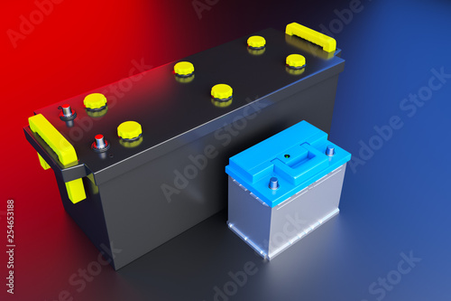 3D rendering. 24v battery for truck. Commercial vehicle accumulator. Black truck battery, spare parts photo