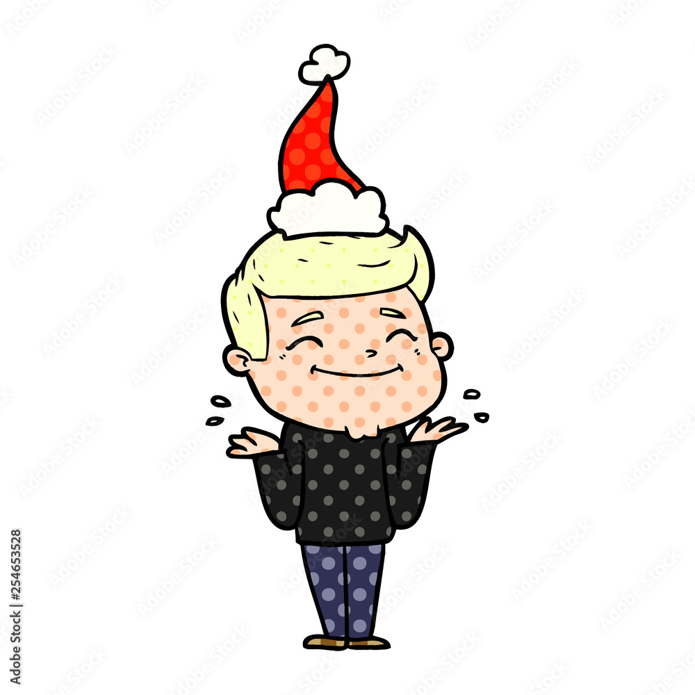 happy comic book style illustration of a man shrugging wearing santa hat happy comic book style illustration of a man shrugging wearing santa hat