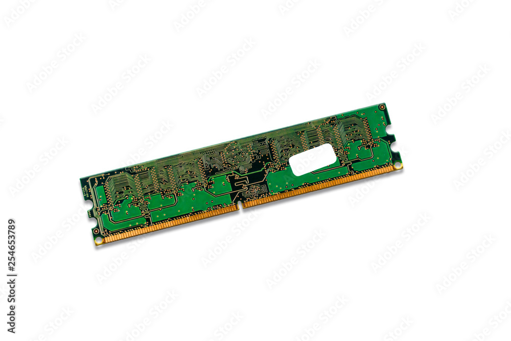 Part of PC memory module. Closeup with extremely shallow DOF. Isolated on white background. Part of PC memory module. Closeup with extremely shallow DOF. Isolated on white background.