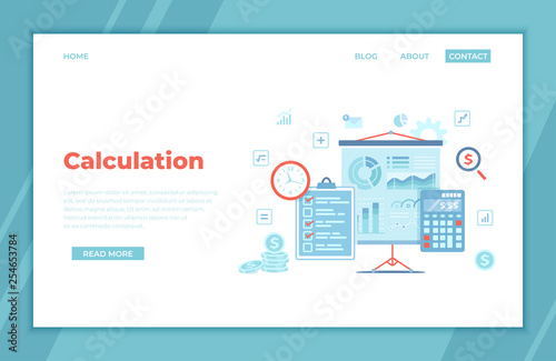 Calculation concept. Bookkeeping, audit, data analysis, reporting, tax accounting.  Projector screen with charts, diagrams, graphs, checklist, calculator, money. landing page for web, banner. Vector
