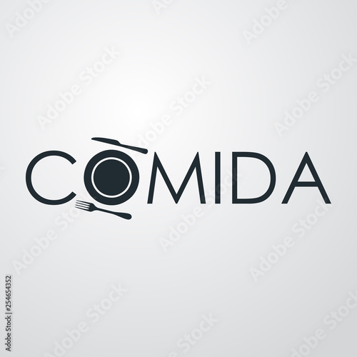 Logotipo abstracto con texto COMIDA con icono de plato y cubiertos en fondo gris