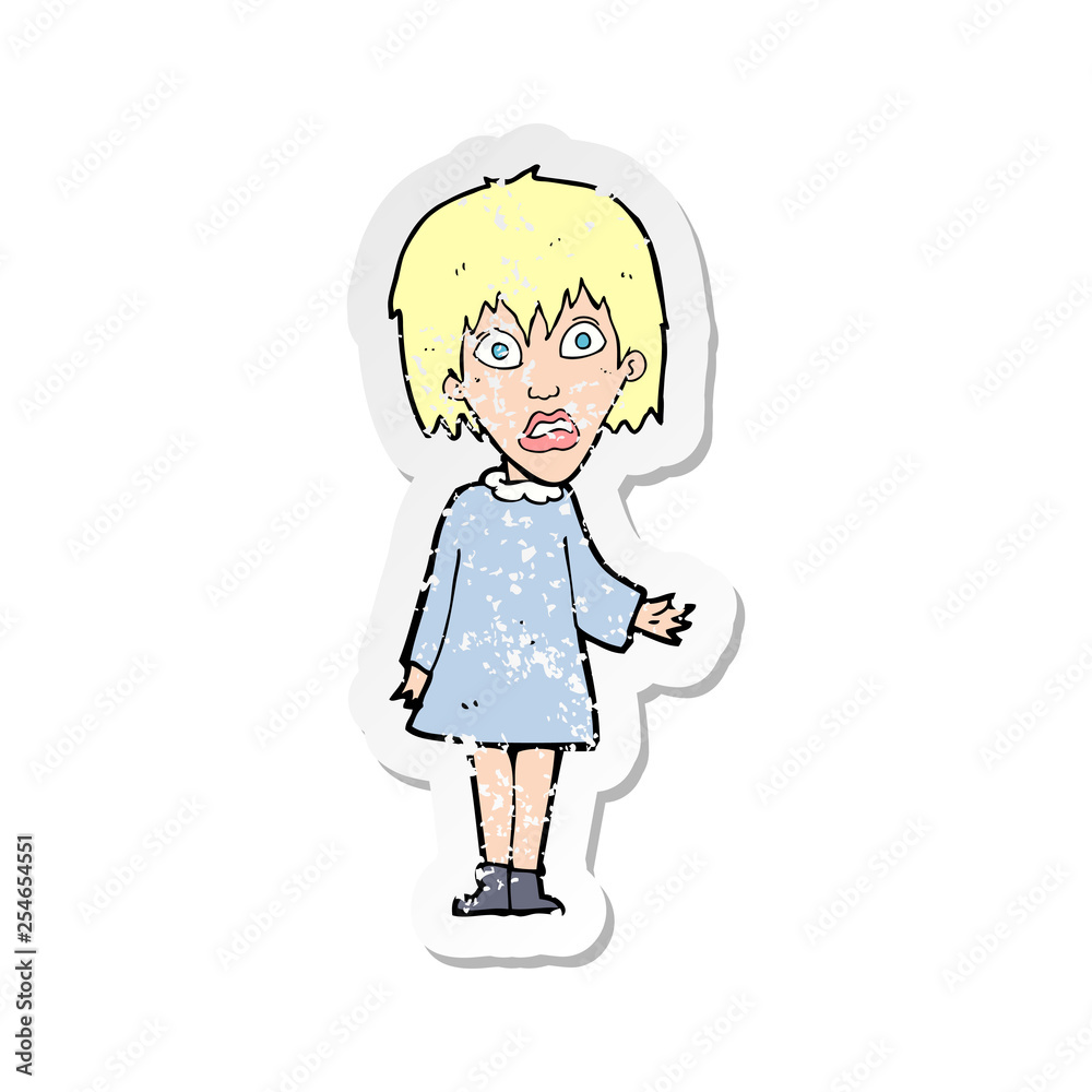 retro distressed sticker of a cartoon shocked woman retro distressed sticker of a cartoon shocked woman