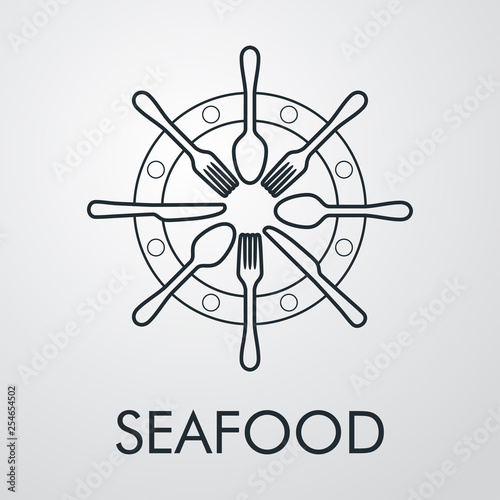 Logotipo abstracto con texto SEAFOOD con timón lineal con cubiertos en fondo gris