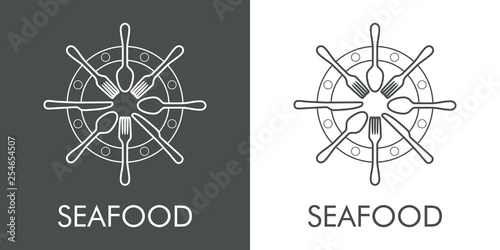 Logotipo abstracto con texto SEAFOOD con timón lineal con cubiertos en gris y blanco