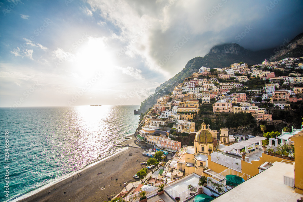 Beautiful panoramic view on sea and Positano, Italy
