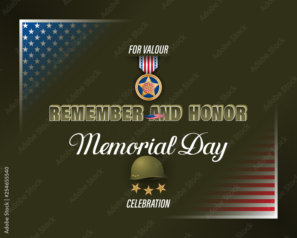 Obraz premium Holiday design, background with handwriting and 3d texts, military medal and national flag colors for Memorial day, event, celebration; Vector illustration