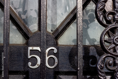 House number 56 with the fifty six in silver numerals with the door locked behind metal bars - a locked and guarded house door