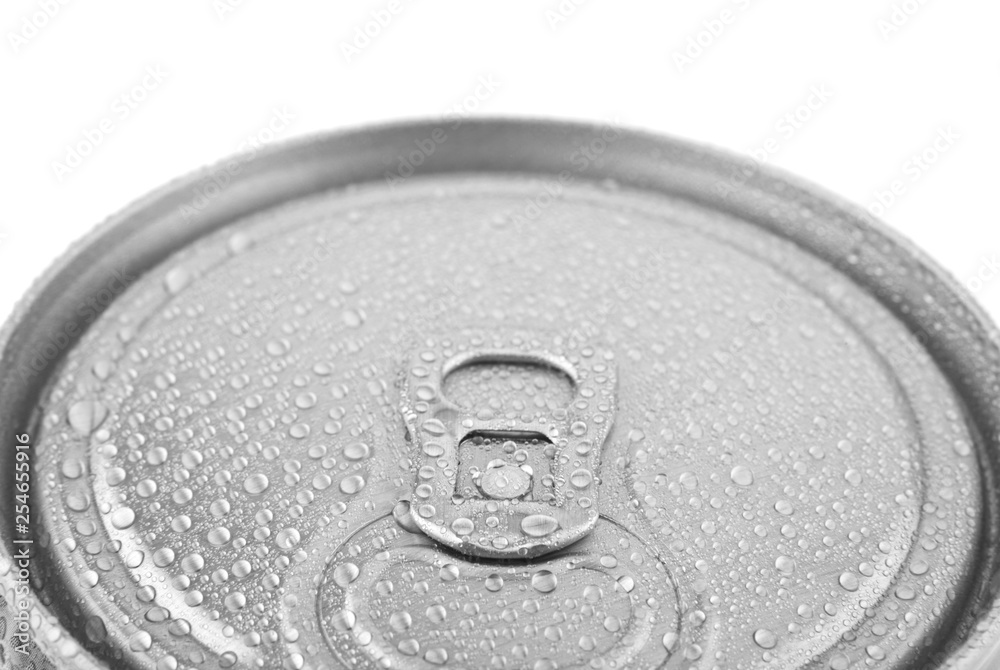 metal can in water drops isolated on white background metal can in water drops isolated on white background