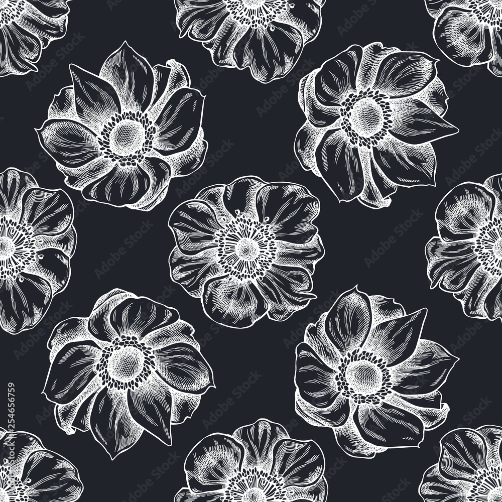 Seamless pattern with hand drawn chalk anemone