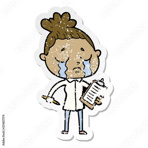 distressed sticker of a cartoon crying saleswoman