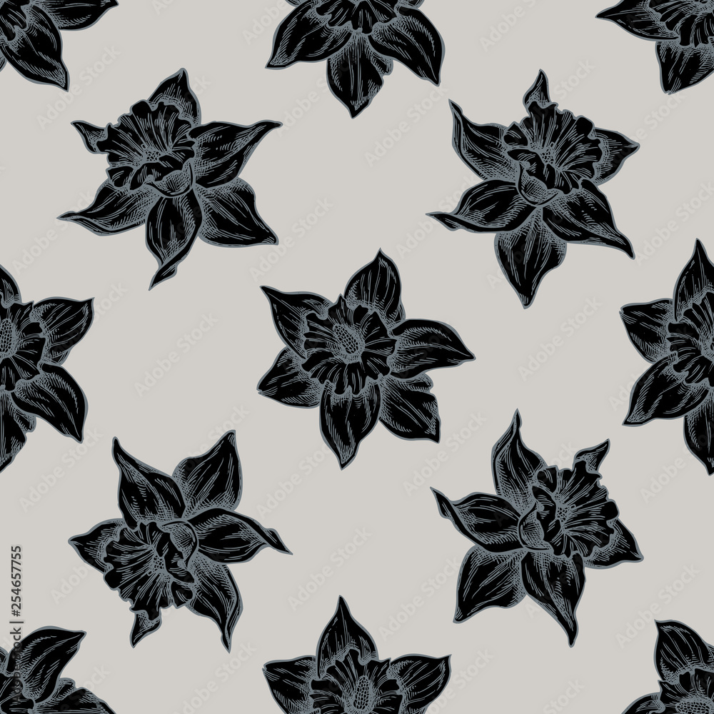 Seamless pattern with hand drawn stylized daffodil
