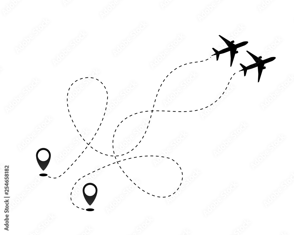 Airplane line path vector icon of air plane flight route dash line trace with start point . Airplane line path vector icon of air plane flight route dash line trace with start point .