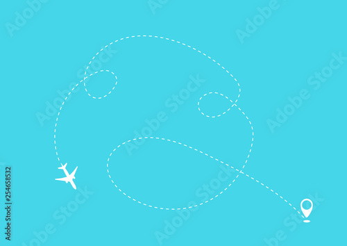 Flat plane and its track on blue background. photo