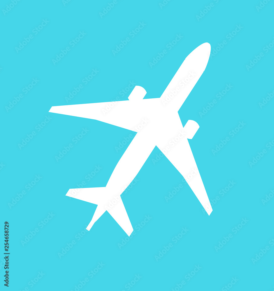 Plane icon vector flat illustration, pictogram isolated on blue