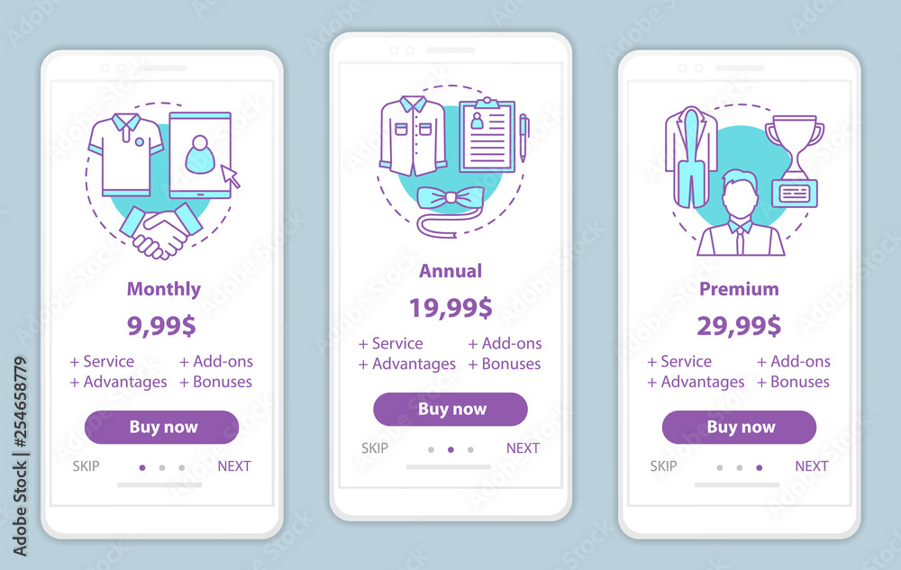 Fototapeta premium Stylist for men services prices onboarding mobile app screens template