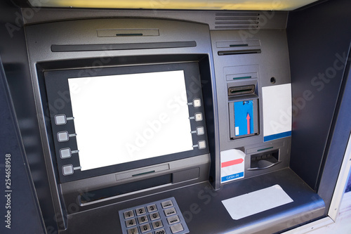Street ATM teller machine with current operation. Blank screen for mockup